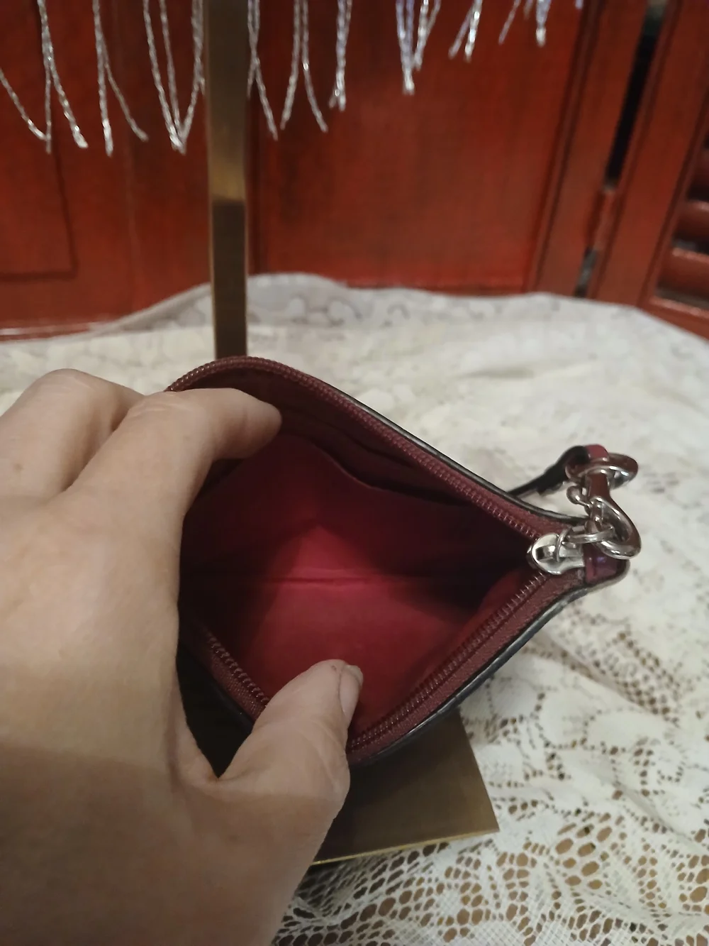 Coach Peyton Glen Plaid Wristlet with Cranberry Accent